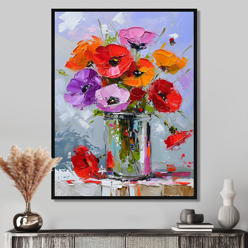 Bouquet de coquelicots colorés - reproduction d'art abstrait de natures mortes, Toile avec cadre flottant noir