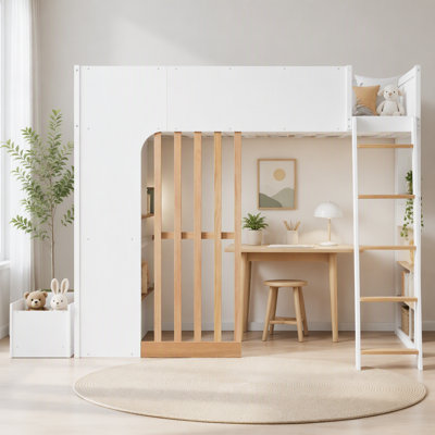 Lit mezzanine avec tablettes, lit mezzanine en bois avec échelle et tablettes de rangement