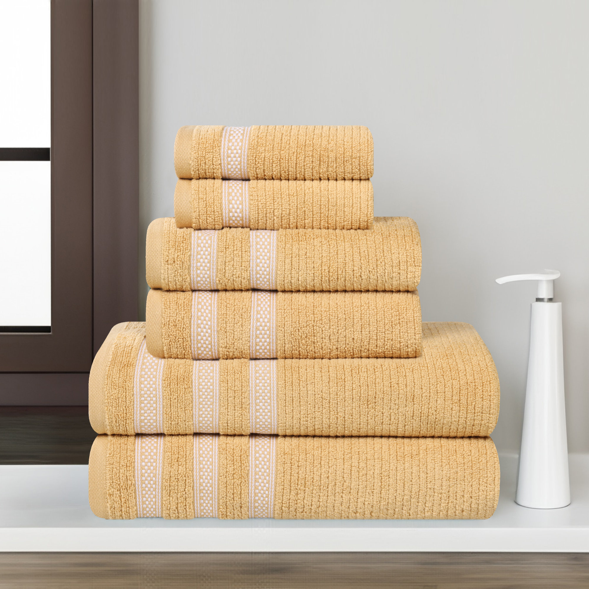 Ilseruth Zero Twist Cotton Ribbed Modern Geometric Border Soft 6 Piece Bathroom Towel Set, Gold