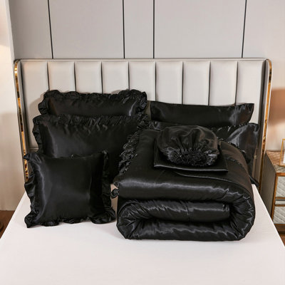 Satin Comforter Set with Sheet Set King 8 Pcs Silk Like Black Bedding Set Silky Ruffle Pattern Luxury Silky Comforter Set with 1 Cushion Cover