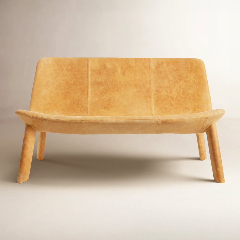 Neat Leather Dining Bench, Camel Genuine Leather