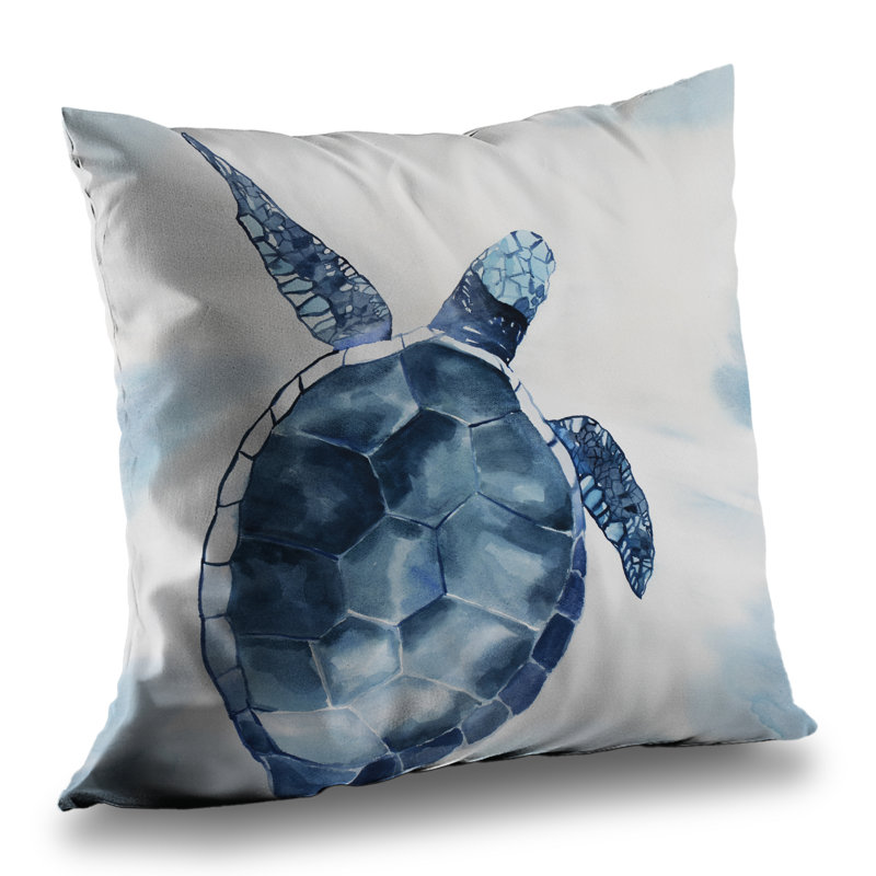 Blue Turtle Poly Twill Throw Pillow | White Aquatic Decor