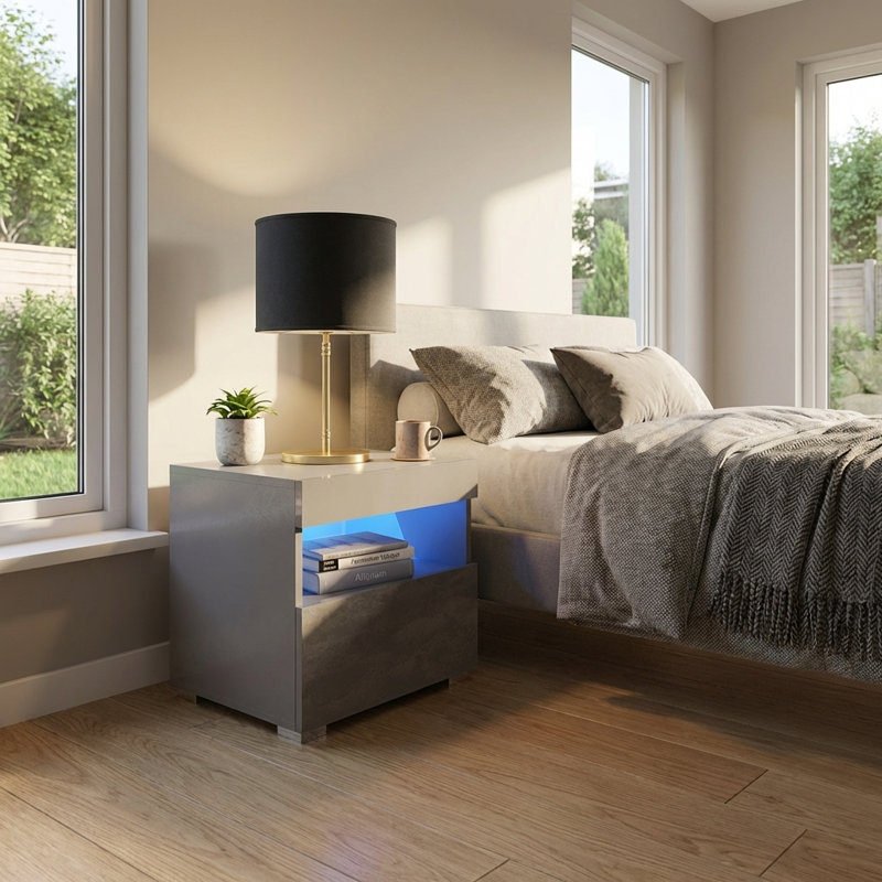 Aquilar 20" Nightstand with 16-Color LED Lighting, High Gloss Finish, Wall-Mounted, Gray