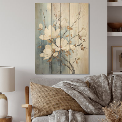 «Magnolias I», art mural bleu sur bois de pin naturel bleu et doré