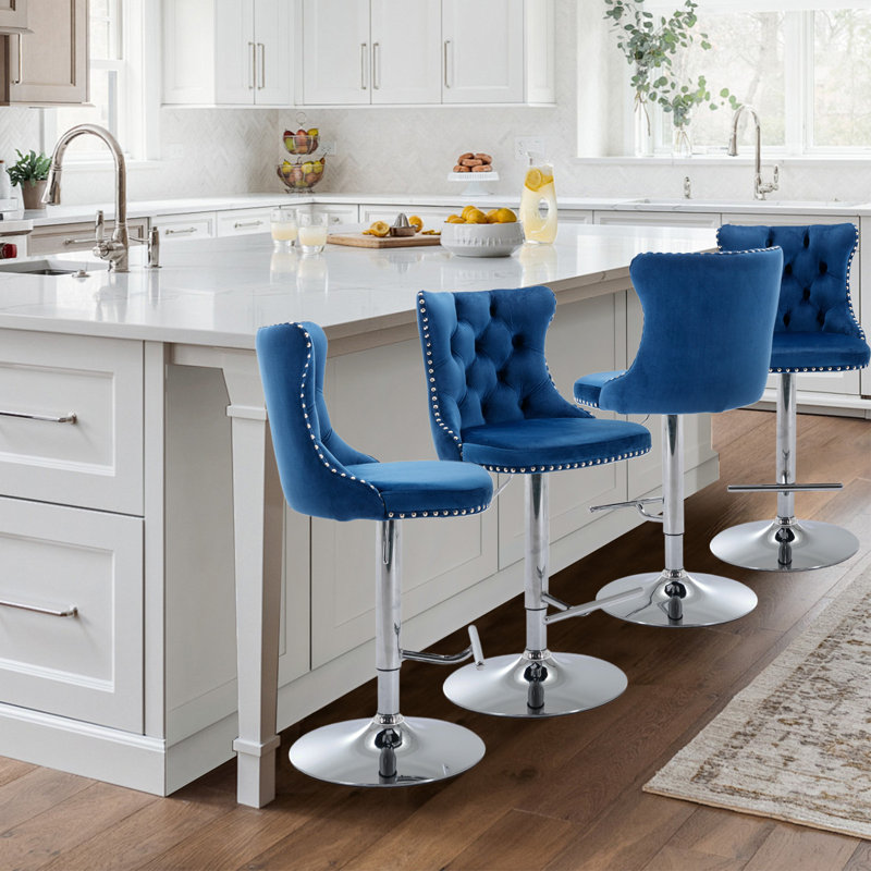 360°Swivel Adjustable Counter Height Bar Stools, 4, Blue, Sliver