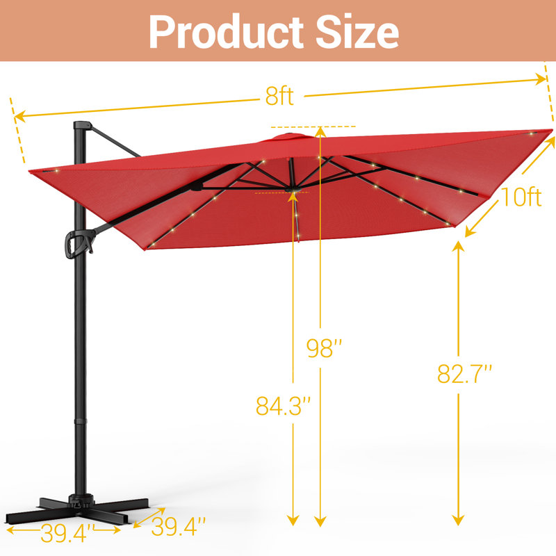 Parasol de patio en porte-à-faux à DEL 10 x 8 pi avec cadre robuste à 8 nervures pour piscine, jardin, Rouge