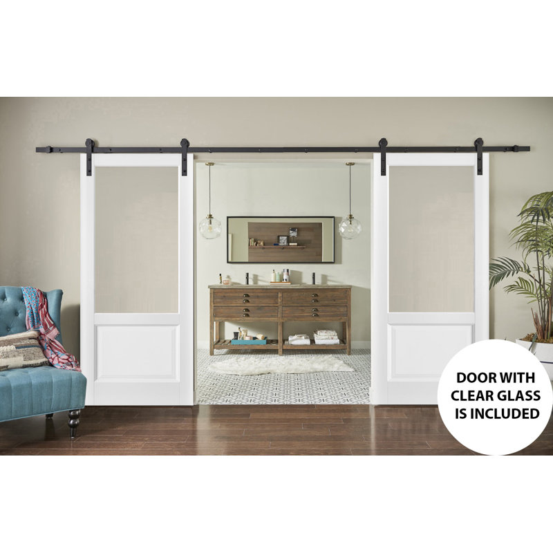 Porte de grange double robuste avec rail Lucia 1533 blanc soie et vitrage clair, supports de rail de 4 m (13 pi), portes intérieures à panneaux pleins et lourds - 213 cm x 213 cm (84 po x 84 po) (2 x 107 cm x 84 po) - Rail noir - Vitrage clair