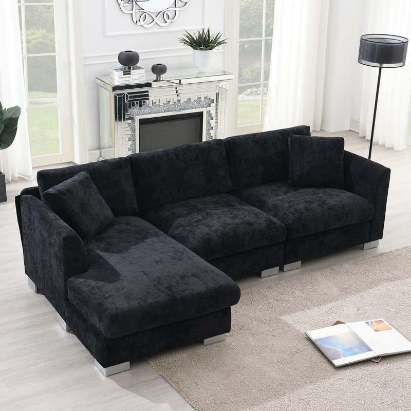 Canapé modulaire en tissu chenille 4 places, Chenille noir