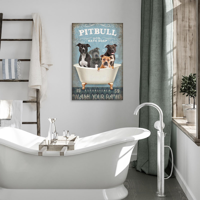 «Four Pitbull Wash Your Paws», art textuel sur toile tendue, H 14 po x l 11 po