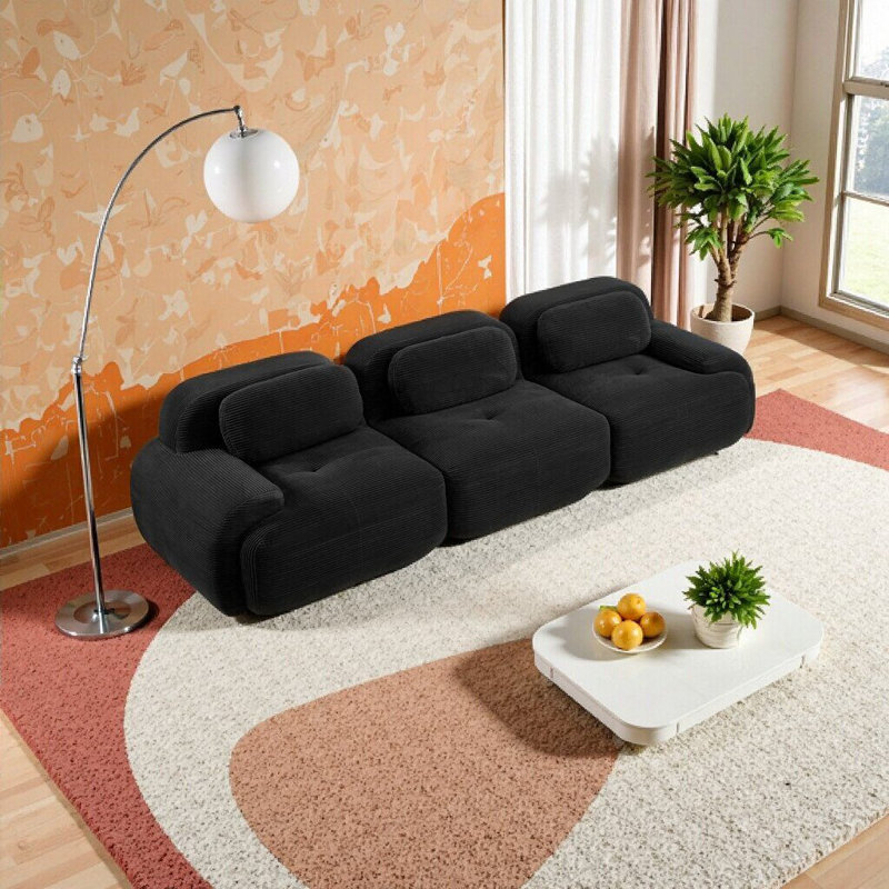 Elegant Camel 3-Seat Modular Sofa with Corduroy Fabric – No Assembly Needed, Perfect for Living Room & Bedroom, Black