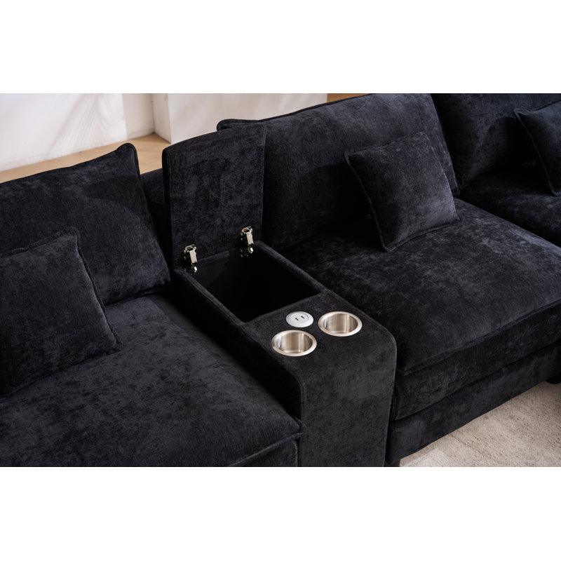 Canapé convertible en U 7 pièces avec console centrale et chargement USB 7 pièces Chenille, Black Chenille