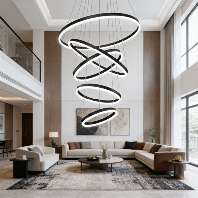 Modern 5-Ring LED Chandelier With Dimmable Remote Control And Adjustable Height, Acrylic Black Pendant Light Fixture For Dining Room, Living Room, Bedroom, Entryway And Foyer