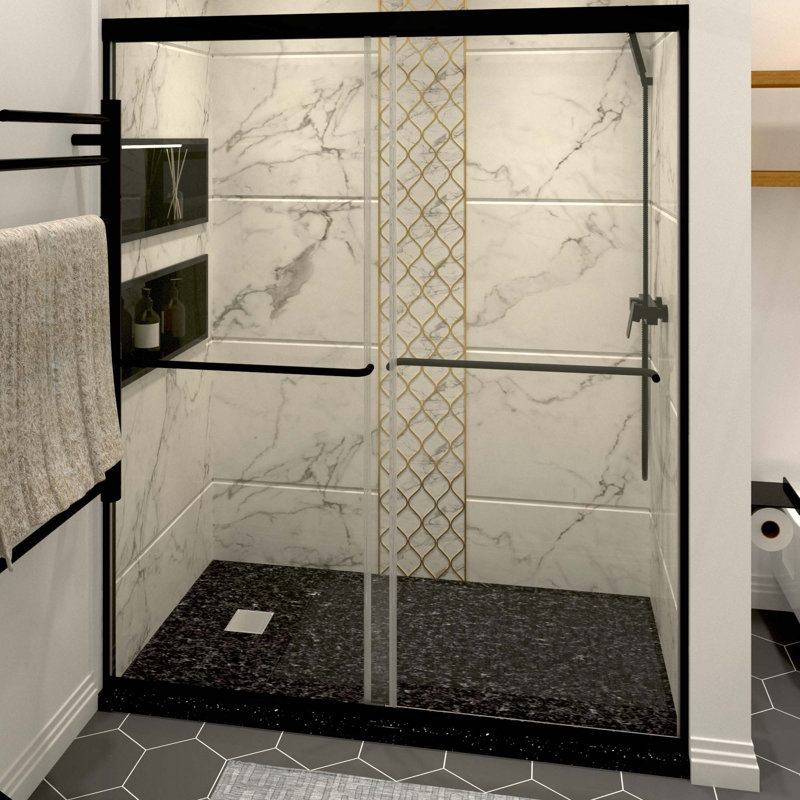 Porte de douche coulissante moderne avec verre trempé transparent, Noir