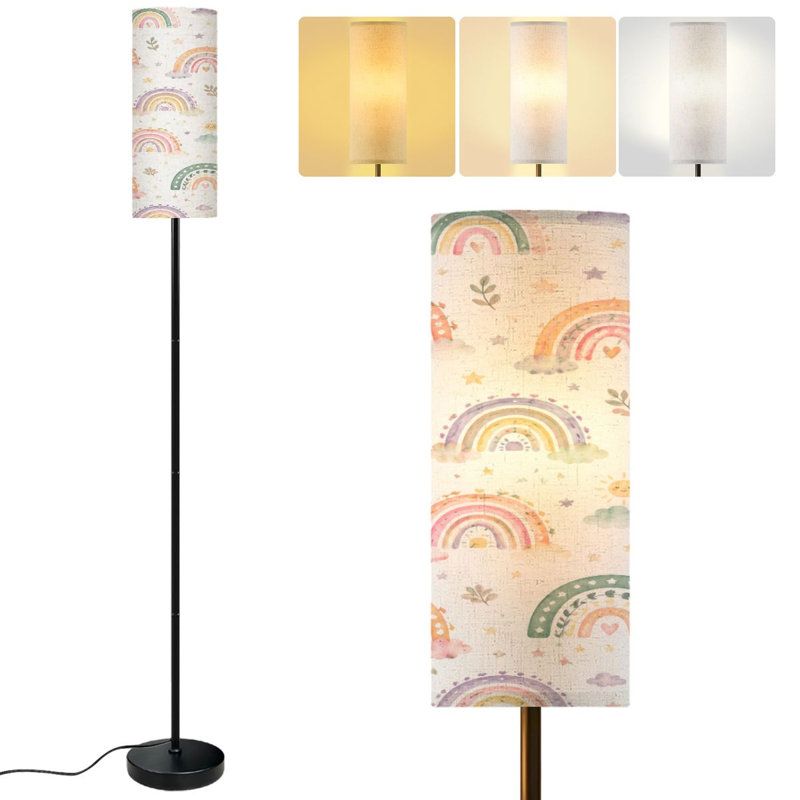 PeeNoke 68.5" Standing Floor Lamp Hand Drawn Boho Rainbows Cute Set Pastel Earthy Colors Elements Dimmable Metal Pole Lamp with Linen Lampshade LED Bulb Included