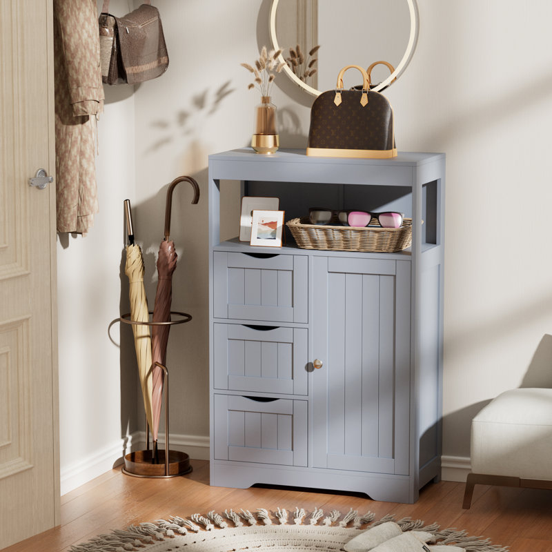 Bathroom Floor Cabinet, Wooden Free-Standing Storage Organizer with 1 Door and 3 Drawers, Bathroom Storage Cabinet for Living Room/Kitchen/Hallway/Home Office