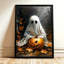 Personnage fantôme d'Halloween berçant une citrouille sculptée, tableau sur toile encadré, cadre beige, 61 x 91 cm-911066784-911066791