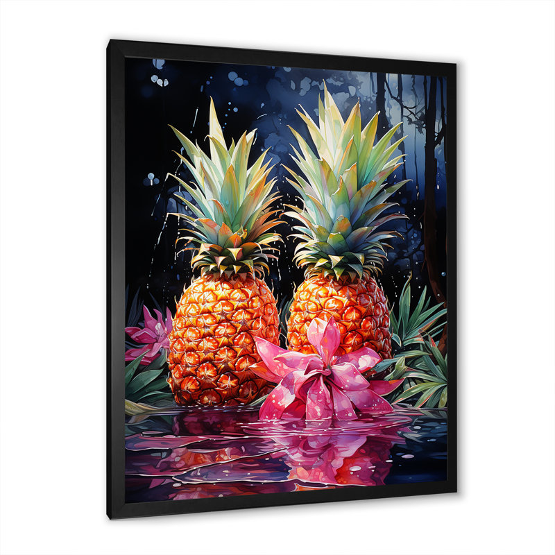 Nectar néon ananas sur toile, Cadre photo noir, H 32 po x l 16 po x P 1 po