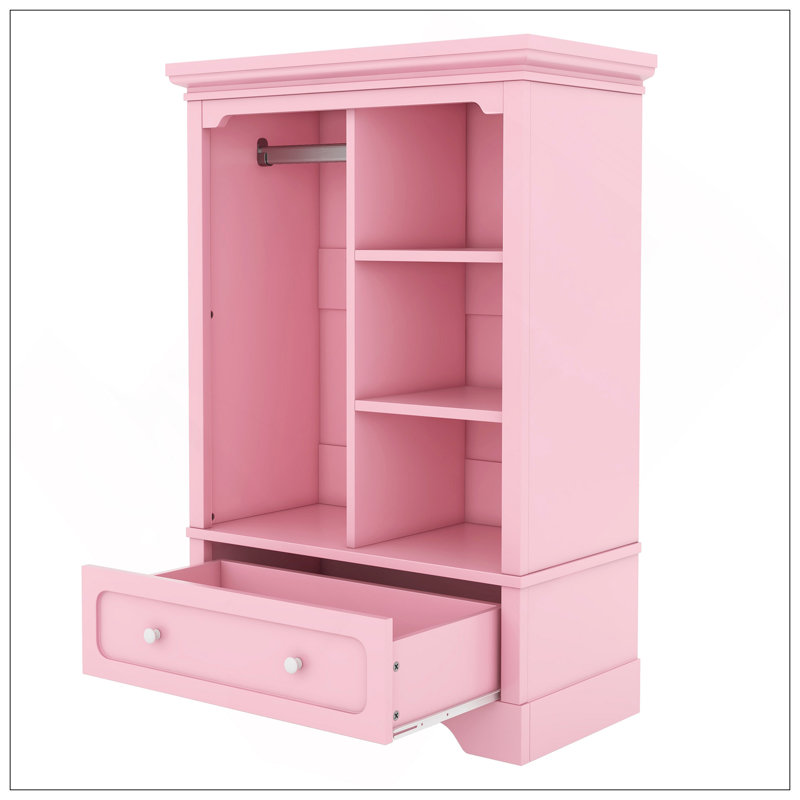 Garde-robe ouverte pour enfants avec une tringle suspendue et des tablettes ouvertes, un grand tiroir, une conception basse près du sol pour un accès facile