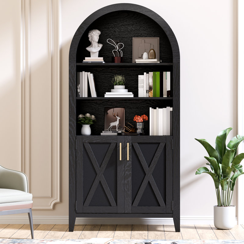 Modern Arched Bookcase Cabinet With Adjustable Shelves And Hidden Storage, Freestanding Display Cabinet With Doors For Living Room, Kitchen Or Home Office