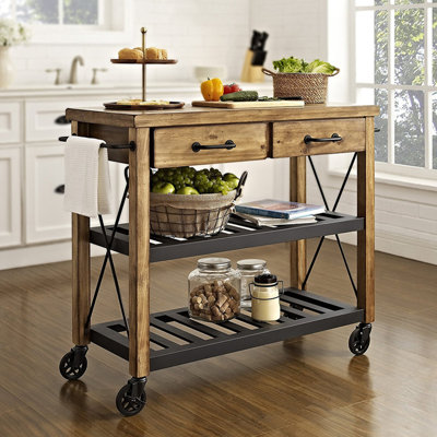 Chariot roulant pour îlot de cuisine avec tiroirs et tablettes de rangement ouvertes