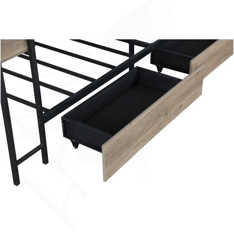 Corner Bed Frame Twin Size With Bookcase And 2 Underbed Storage Drawers, Modern Twin Bed With LED Light And Charging Station, Modern Daybed Reversible Left Or Right, Grey