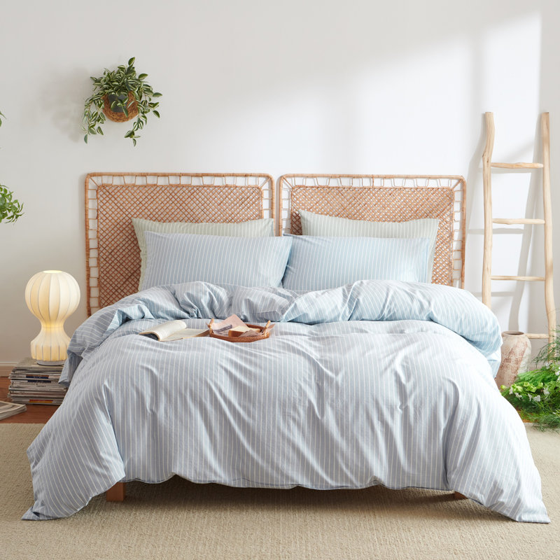 Ensemble de housse de couette à rayures 100% coton délavé, Bleu, Housse de couette grand et 2 taies d'oreiller stan