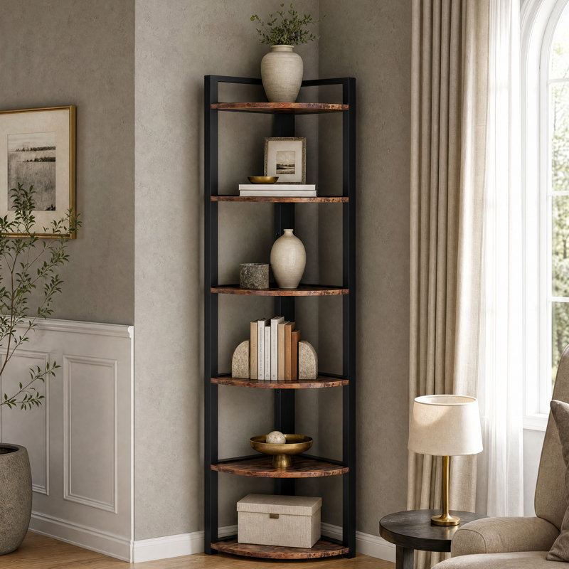 Melahat 70.86" H x 15.75" W Steel Corner Bookcase, Black/Rustic Brown