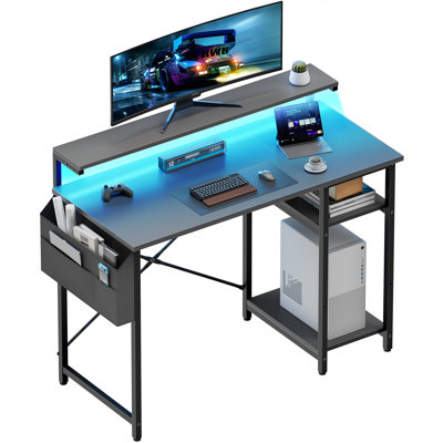 Office Computer Desk with LED Light,Office Table with Monitor Stand for Home/Office Use, Corner Desk with Large Storage Bag and Height Adjustable Storage Shelf, Remote Worker