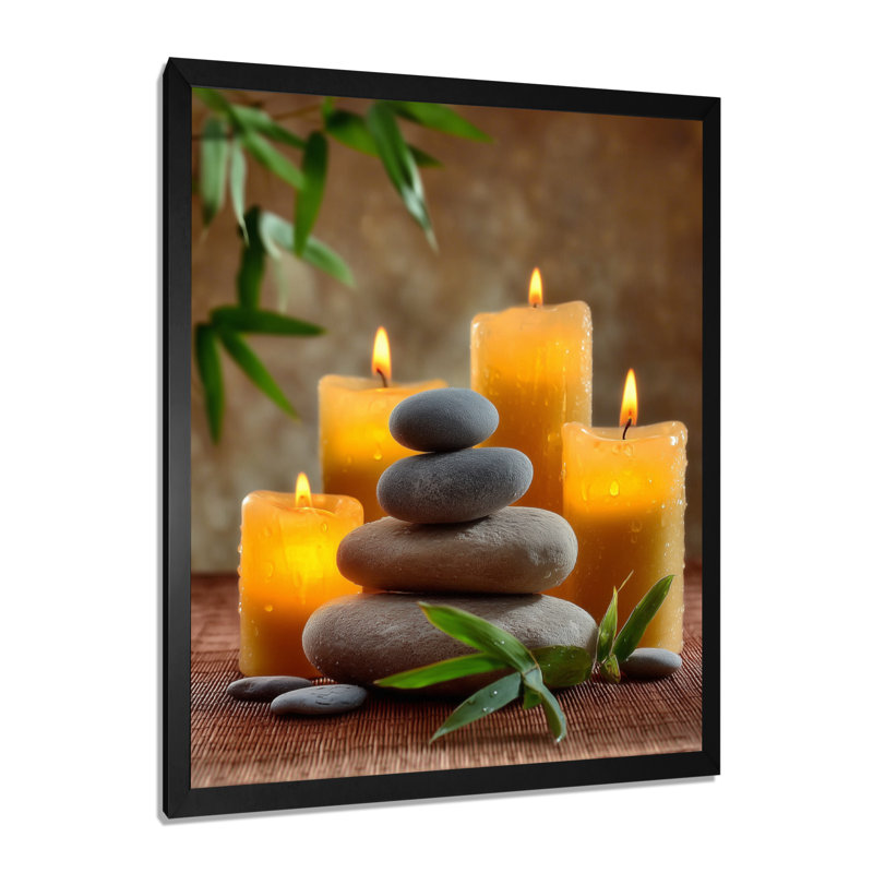 Relaxation Candles and Bamboo - impression sur toile encadrée en bambou, art mural asiatique gris, H 44 po x l 34 po, Noir