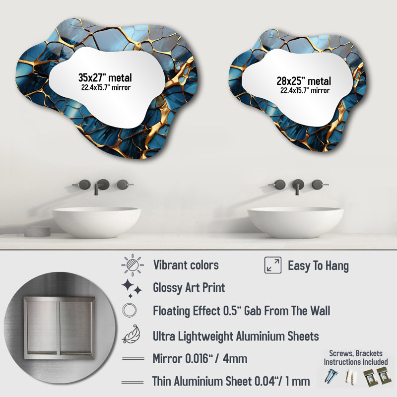 Gold and Blue Marble Mosaic Agate I - Abstract Cloud Unique Wall Mirror, Modern Asymmetrical Mirror, Printed Metal Art