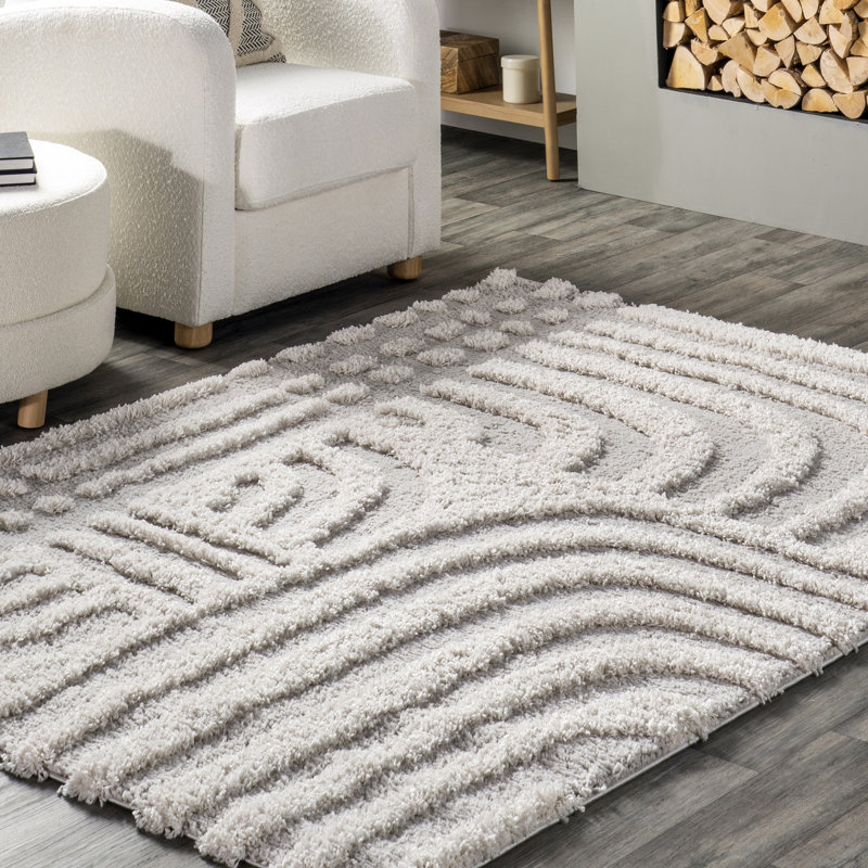Tapis à poil long abstrait Dharia pour salon, chambre à coucher, salle à manger, chambre de bébé, beige / ivoire