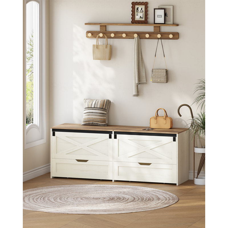 Coffret de rangement de 150 cm, coffre de rangement avec portes coulissantes de style grange et 2 tiroirs | Coffret de rangement compact style ferme, banc de rangement pour salon, chambre, entrée, blanc rustique
