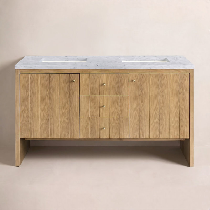 Hudson 60'' W Double Vanity, Light Natural Oak, Carrara White, 8" Widespread