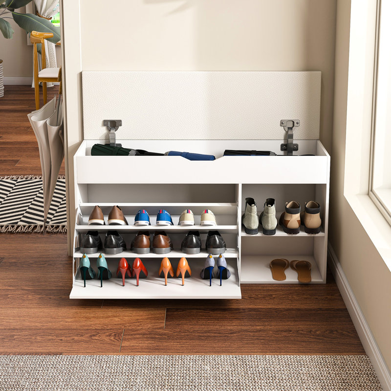 Banc de vestibule moderne avec rangement pour chaussures, 3 tiroirs rabattables, armoire cachée, support rotatif, compartiment relevable, coussin à gratter et confortable pour le couloir du salon, rangement blanc