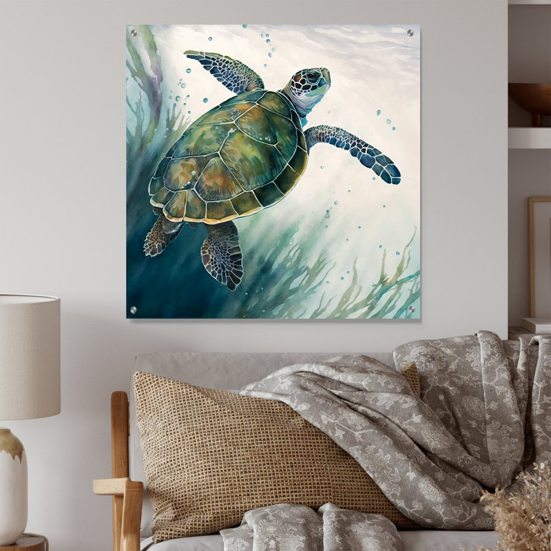 Aquarelle, tortue nageant I - Tortue, décoration murale en acrylique, H 16 po x l 16 po