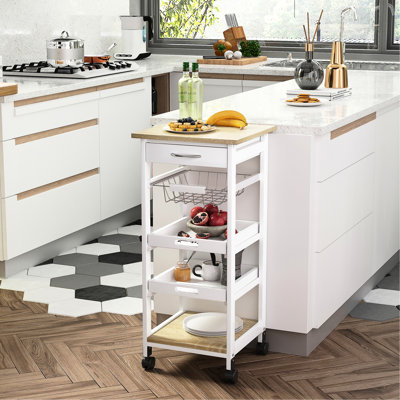 Chariot de cuisine mobile, îlot de cuisine roulant avec rangement, chariot utilitaire à cadre en bois massif avec paniers à fruits en métal, plateaux et tiroir