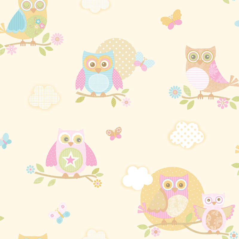 Just 4 Kids 2 Owls and Butterflies Design 33' L x 21" W Wallpaper Roll, Cream/Pink/Blue