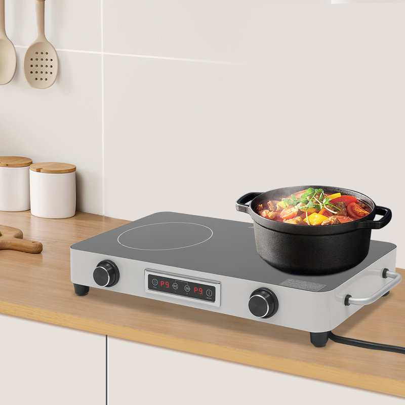 Double-Burner Electric Cooktop, Electric Stove Top With Knob Control, Electric Cooktop With Kids Lock & Timer, Black/Silver