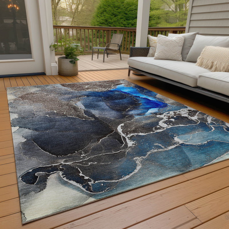 Tapis bleu marine intérieur / extérieur en polyester tissé à la machine Kyrie, Rectangle 9 pi x 12 pi