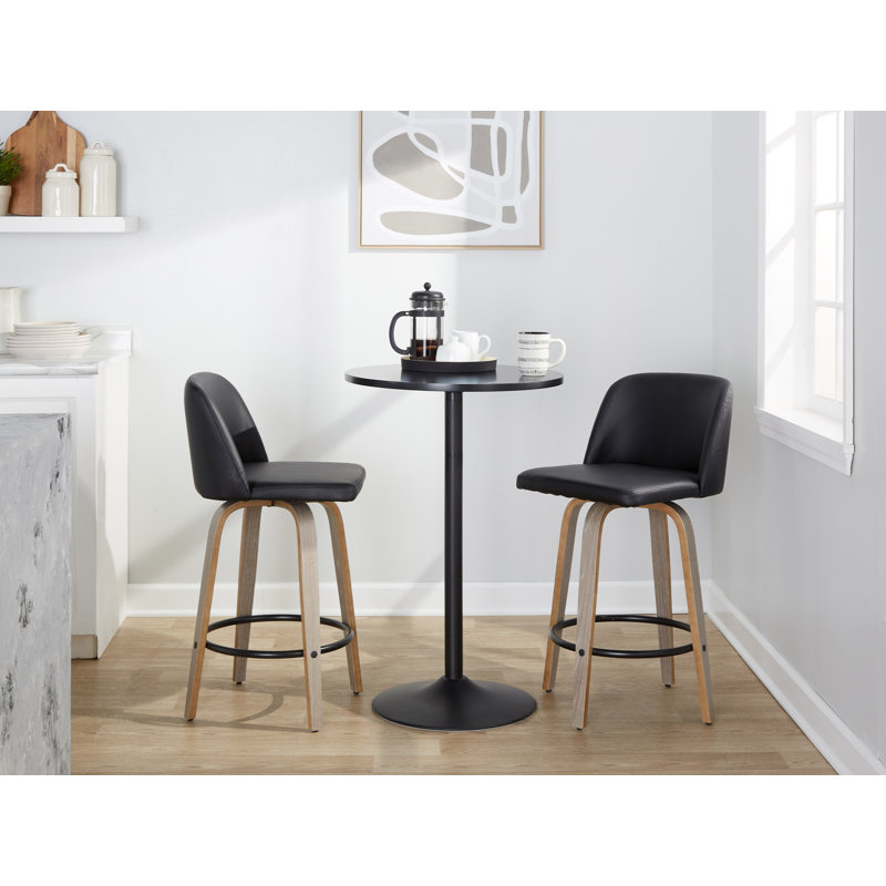 Tabouret de comptoir à hauteur fixe de 26 po avec pieds en bois cintré et repose-pieds rond Thea, Gris clair / noir