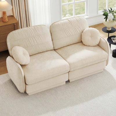 Canapé en chenille nuage beige crème avec coussins ronds et coussins de dossier matelassés, structure à 2 couches, pieds de cadre encastrés, conception ergonomique, assemblage facile, siège profond pour le salon