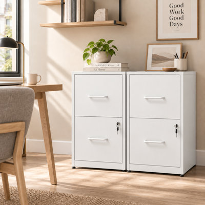 Classeur verrouillable en métal à 2 tiroirs, classeur vertical en acier sous le bureau avec 4 pieds réglables, 1 serrure à clé sécurisant les deux tiroirs, ensemble d'ancrage mural anti-basculement, armoire de rangement de bureau robuste pour dossiers de format lettre, blanc