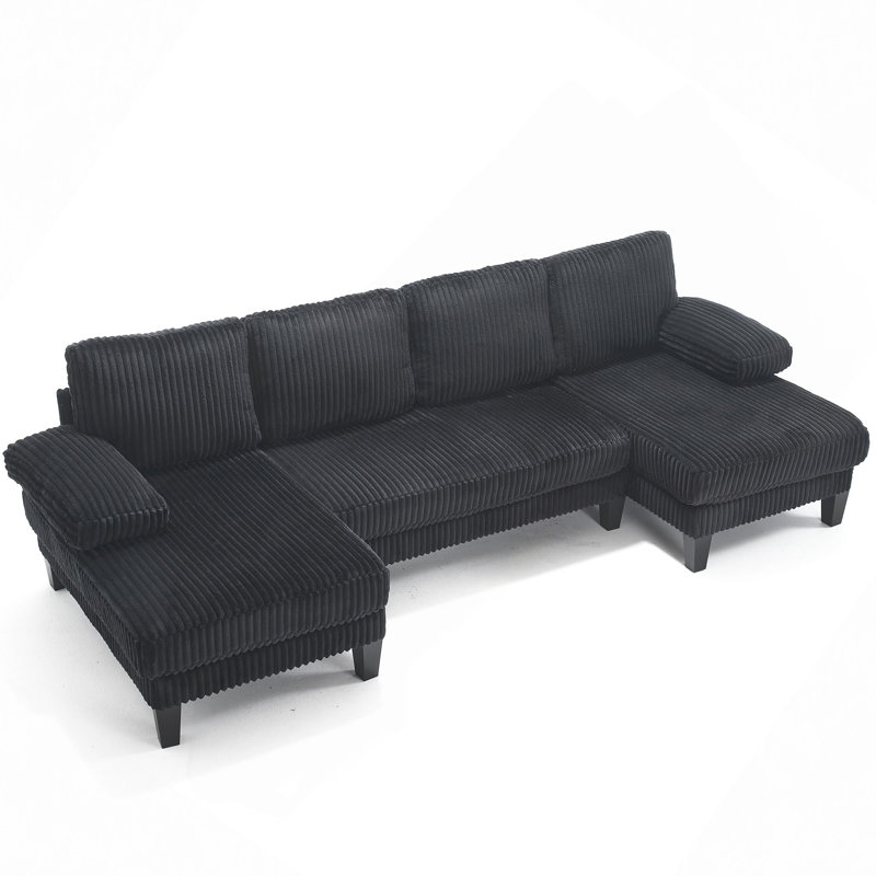 Marley U-Shaped Upholstered Sectional Sofa with Double Chaise, Black Corduroy