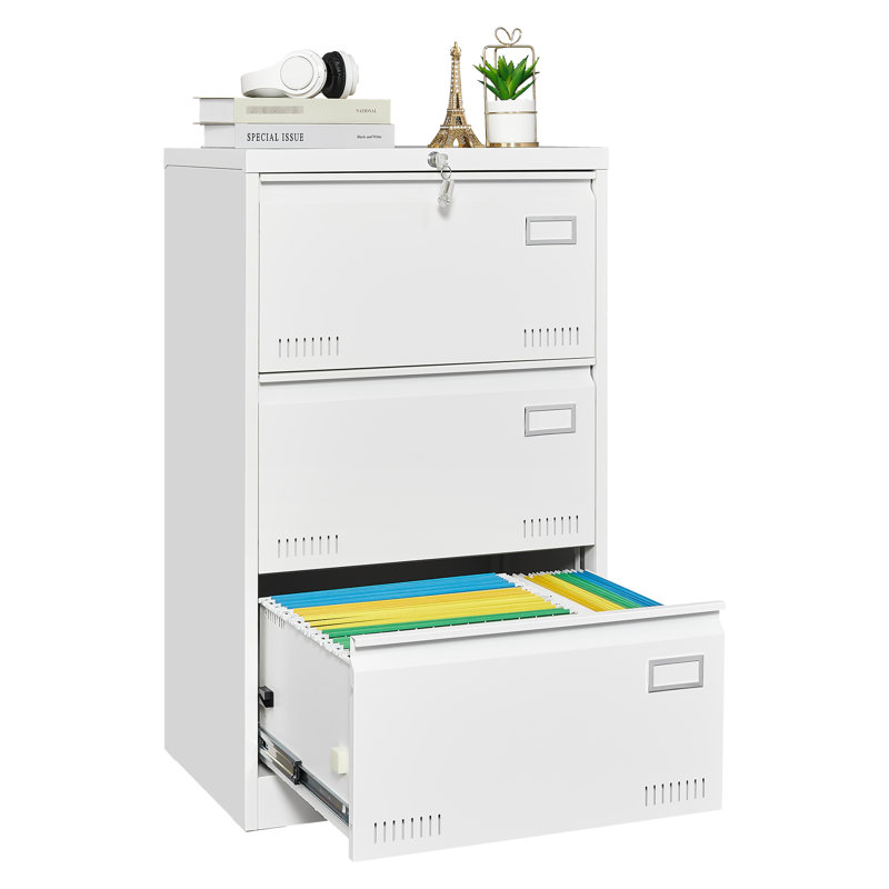 Classeur en métal blanc verrouillable, 3 tiroirs, tiroirs élargis pour un classeur de bureau efficace et sécuritaire avec serrure, tiroir en métal, poignée