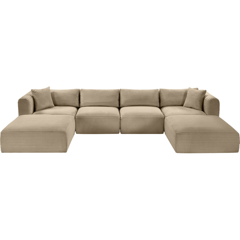 Canapé modulaire Carmean, Velours côtelé texturé taupe, 2 repose-pieds sans accoudoirs, 2 en coin, 2 repos