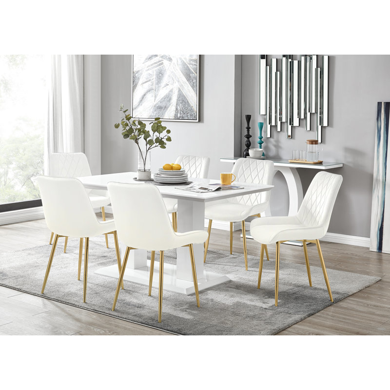 Ensemble de table de salle à manger Eubanks, H 29,53 po x L 47,24 po x l 27,56 po, 5 pièces: table, 4 chaises, Crème / doré