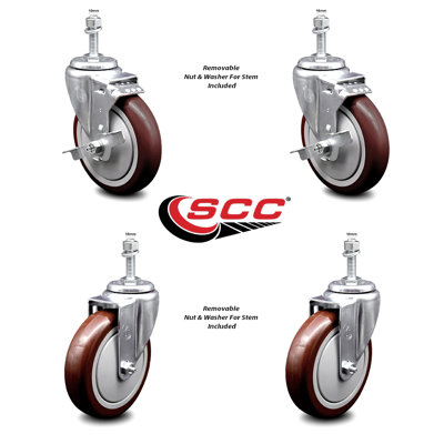 5 Inch SS Maroon Polyurethane Swivel 10mm Threaded Stem Caster Set 2 Brake