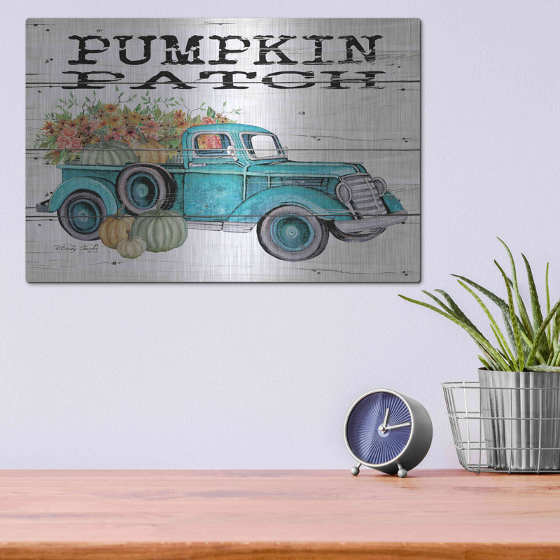 «Pumpkin Patch Truck» par Cindy Jacobs, art mural en métal, H 12 po x l 16 po