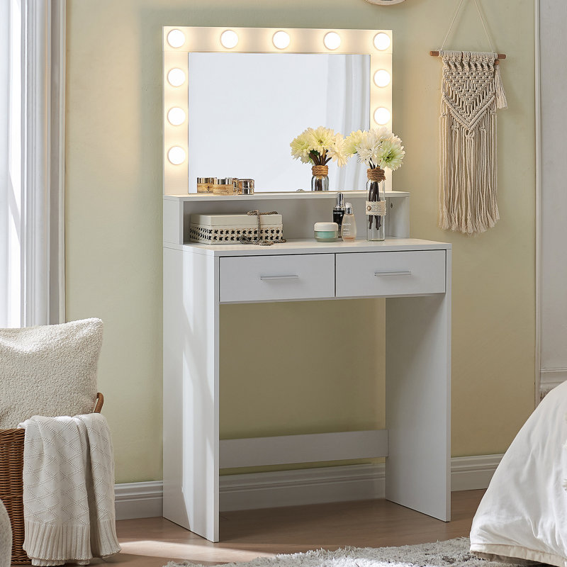 Bureau de coiffeuse avec miroir et lumières, coiffeuse avec grand tiroir, commode de rangement à 2 niveaux et 3 modes d'éclairage à luminosité réglable