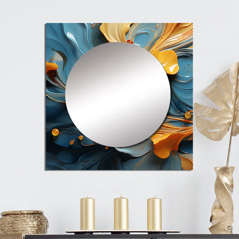 Modern Orange Leaves Floating On Tender Blue Wave - Abstract Shapes Square Mirror For Wall Art Decor, 29" x 29"